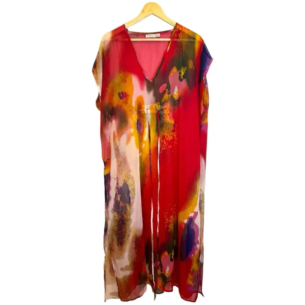 Michael Stars Sheer Colorful Watercolor Kaftan Cover Up One Size Pastel Gardens